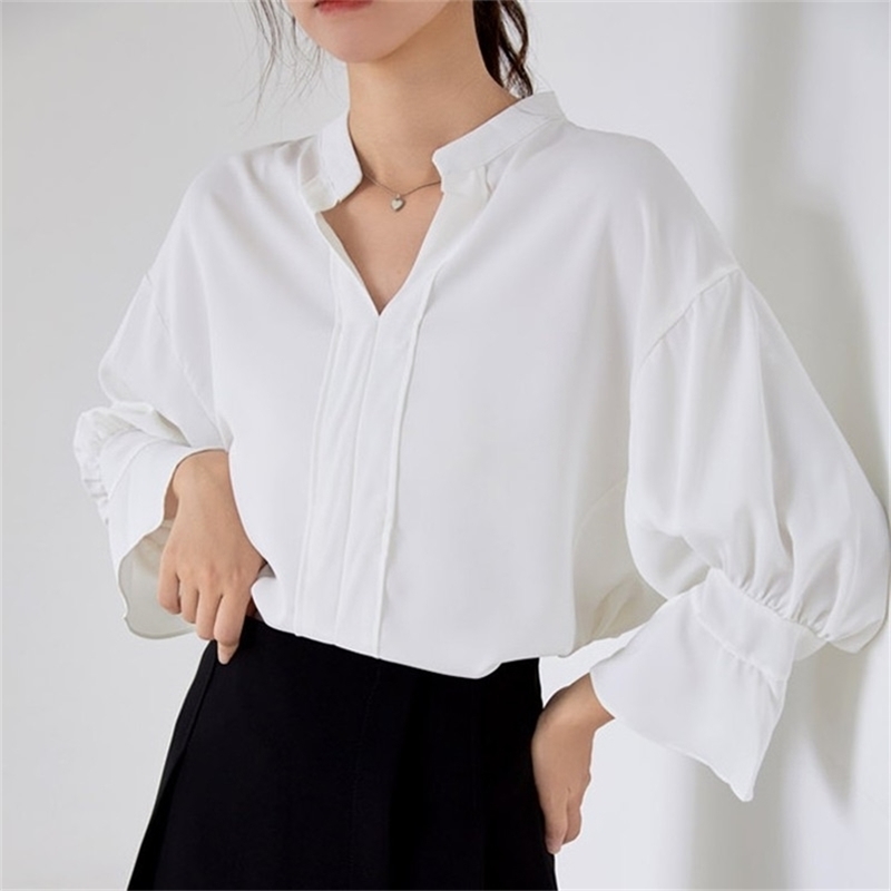 

Autumn Stand Collar Pleated Shirt Women Elegant Solid Long Sleeve Shirts Ladies Casual Blouses Vintage Tops 210603, Picture color
