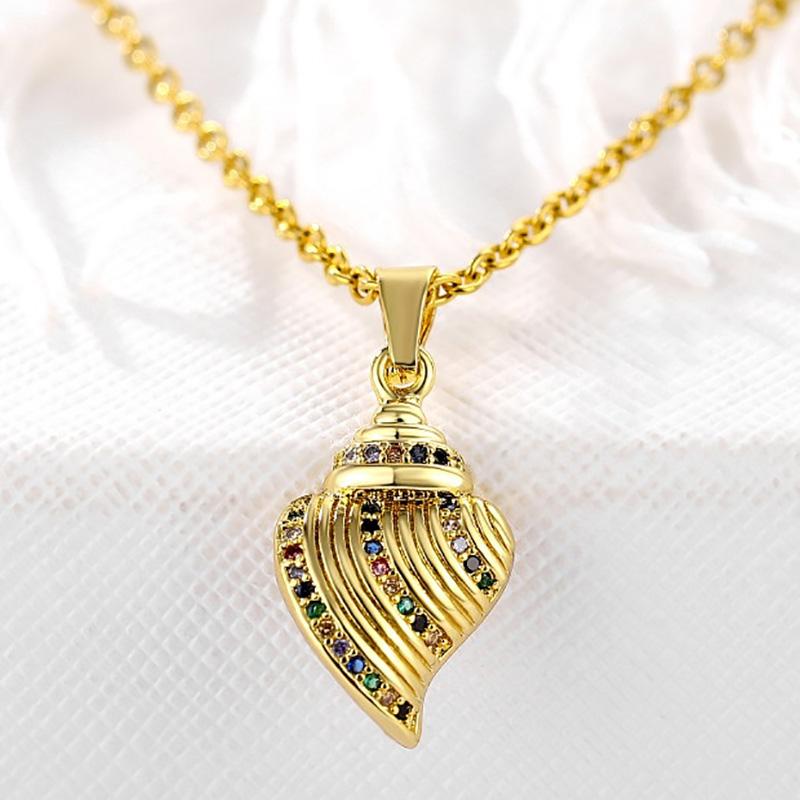 

Pendant Necklaces Colorful Shell Conch Necklace Women's Gold Plated Copper Micro Inlaid Zircon Stainless Steel Chain Statement Jewelry