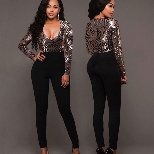

Sexy V Neck Jumpsuit Women Long Sleeve Sequin Rompers Jumpsuits Autumn Winter Bodycon Patchwork Slim Trousers Overalls Female, Opp bag (not product)