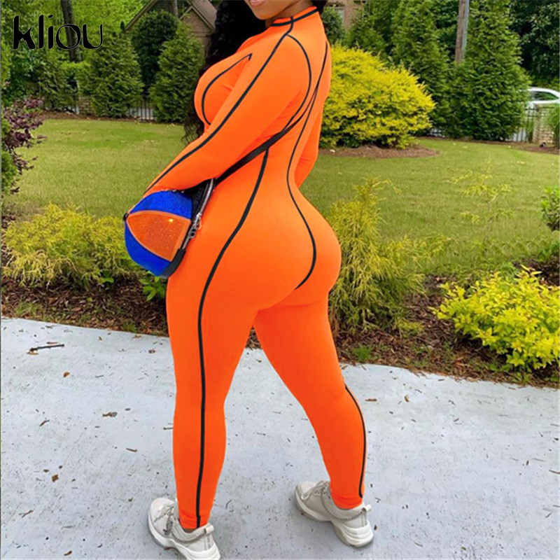 

2021kliou women full sleeve fitness skinny jumpsuits zipper o-neck patchwork elastic hight slim sportswear female streetwear outfit, Black;white