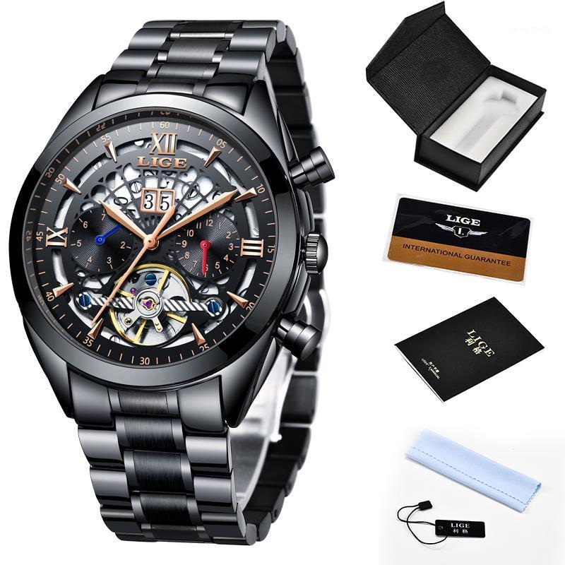 

Original Brand Watch Men Automatic Self-Wind Stainless Steel 3ATM Waterproof Fully Calendar Mechanical Male Wristwatches, All black