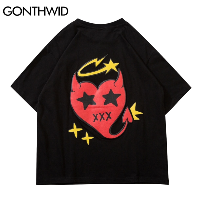 

T-Shirt Men Hip Hop Streetwear Devil Heart Print Short Sleeve Tees Shirt Cotton Harajuku Casual Loose Fashion Tops Male 210602, Black