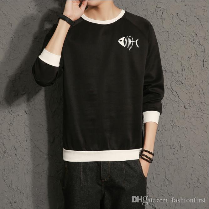 

Men's popular long sleeved T-shirt Japan youth plus size fish pattern hoodie round collar top fashion t shirts Sweatshirts, Black