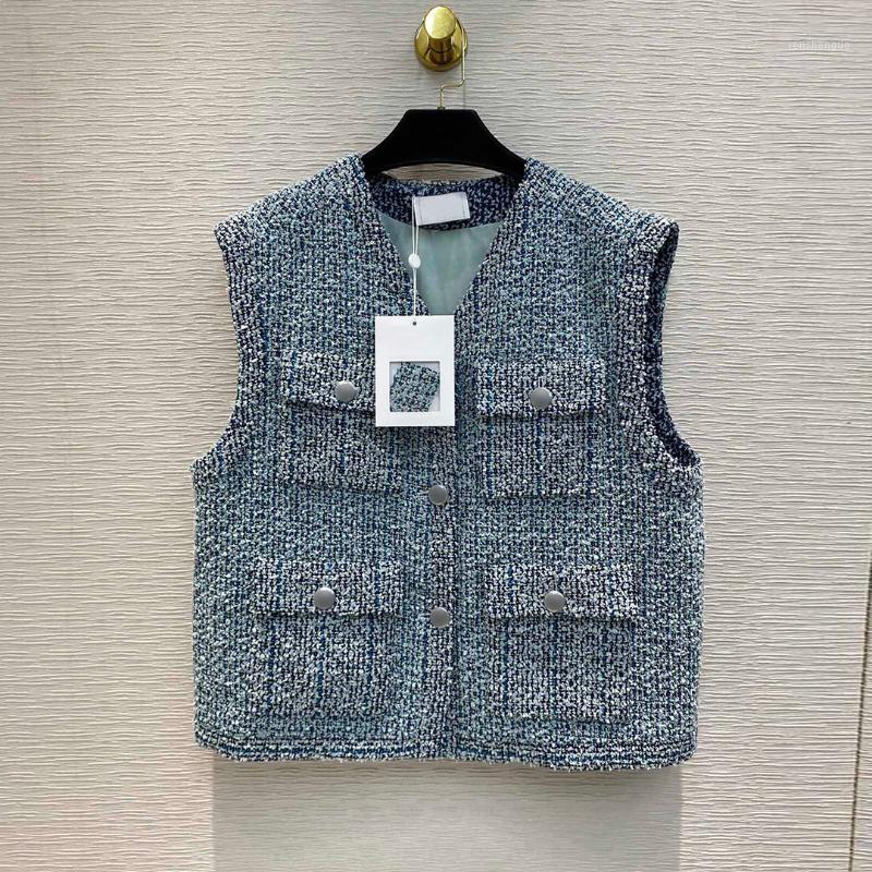 

Women's Vests 2021 Fashion Runway Design Blue Tweed Vest Jacket Women V-neck Four Pockets Single Breasted Retro Sweet Tank Short Coat, As picture shows