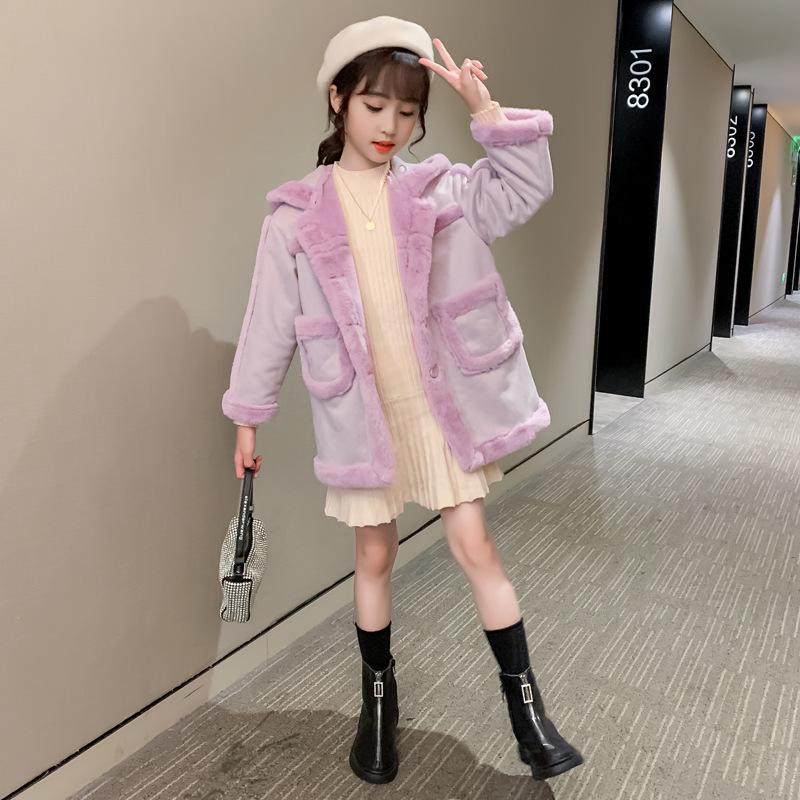 

Down Coat Sping Autumn Fashion Casual Teen Girl Lapel Jacket Lamb Wool Thick Solid Color Outerwear Loose Children Warm Hooded Clothes, Blue;gray