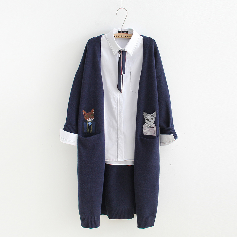 

Women' Knits & Tees Double pocket cat embroidery Cardigan sweaters mori girl high quality autumn winter X9ZY, Dark grey