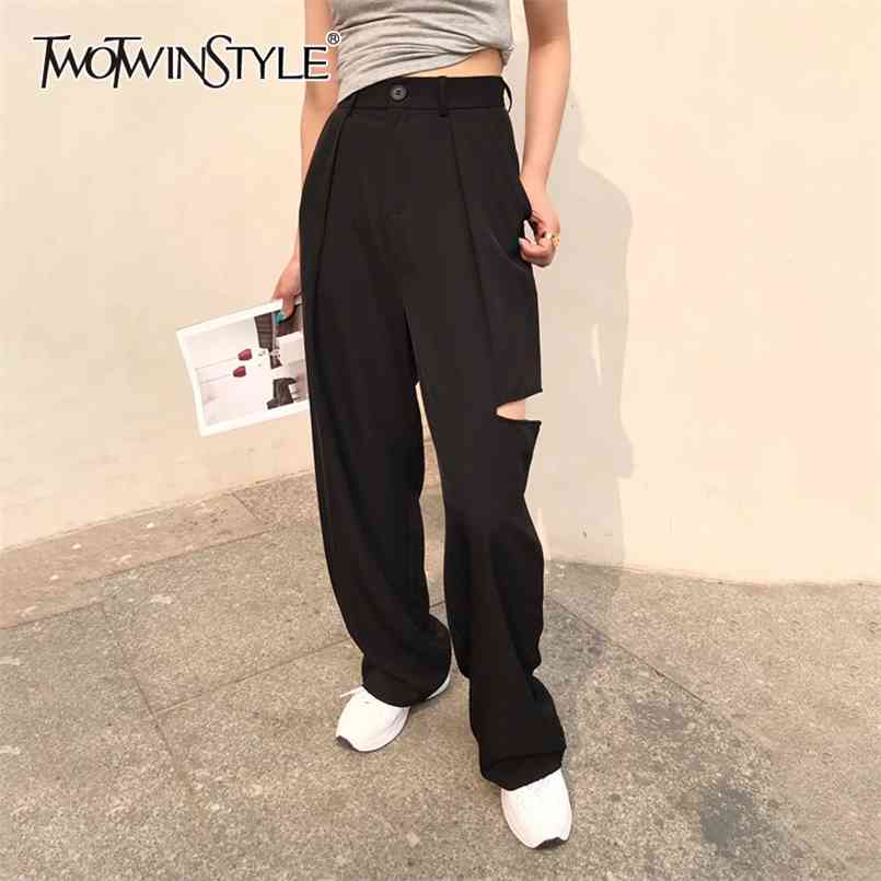 

Black Casual Loose Patchwork Hole Trousers For Women High Waist Wide Leg Pants Female Spring Fashion Style 210521