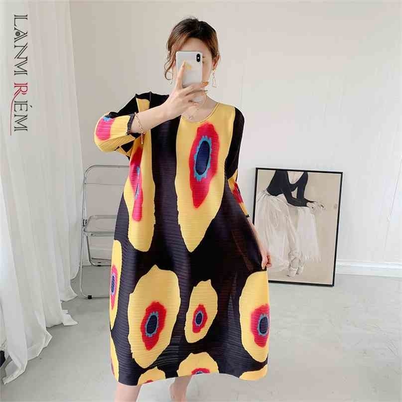 

Pleated Dress For Women Summer Printed Three Quarter Sleeve Large Size Loose Dresses Female Elegant Clothing 2D3587 210526, Blue