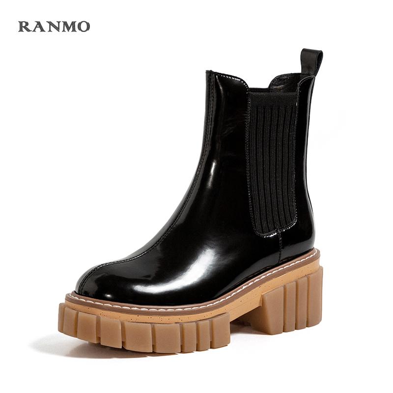 

Boots Wedged For Women 2021 Autumn Winter Genuine Leather Shoes Woman Mixed Colors Party Chunky Heels Ankle, Black