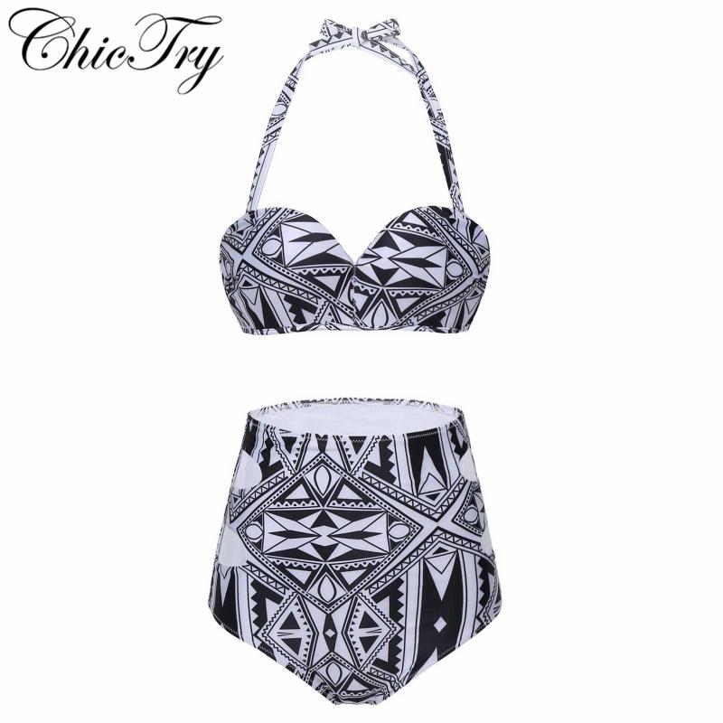 

Women's Swimwear Women Lingerie Floral Bikini Beachwear Outfits Halter Geometric Print High Waisted Swimsuit Bathing Suits Set, White;black