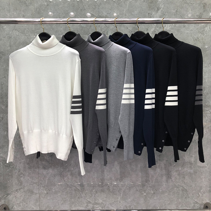 

tees Fashion TB THOM Brand Sweaters Men Slim Fit Turtleneck Pullovers Clothing Solid Striped Wool Spring and Autumn Casual Coat, White