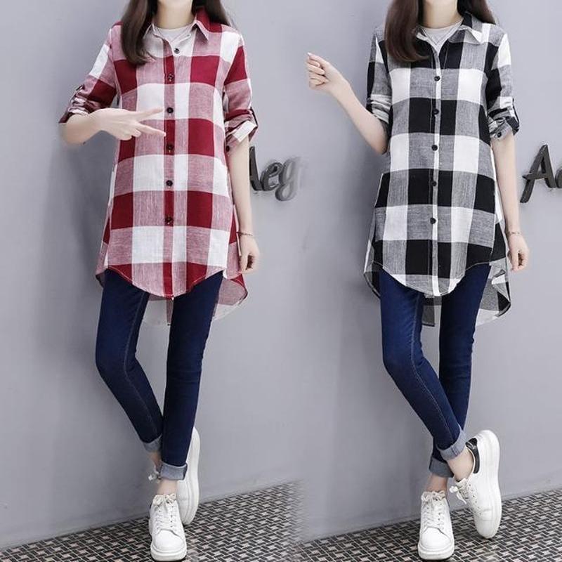 

Women's Blouses & Shirts Women 2021 Spring Autumn Korean Turn-down Collar Plaid All-match Tops Female Loose Long Sleeves Medium S371, Black