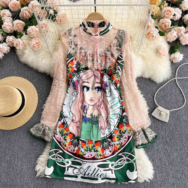 

Girls print dress summer sweet perspective lace long-sleeved contrast stitching slim short skirt 210525, Pink