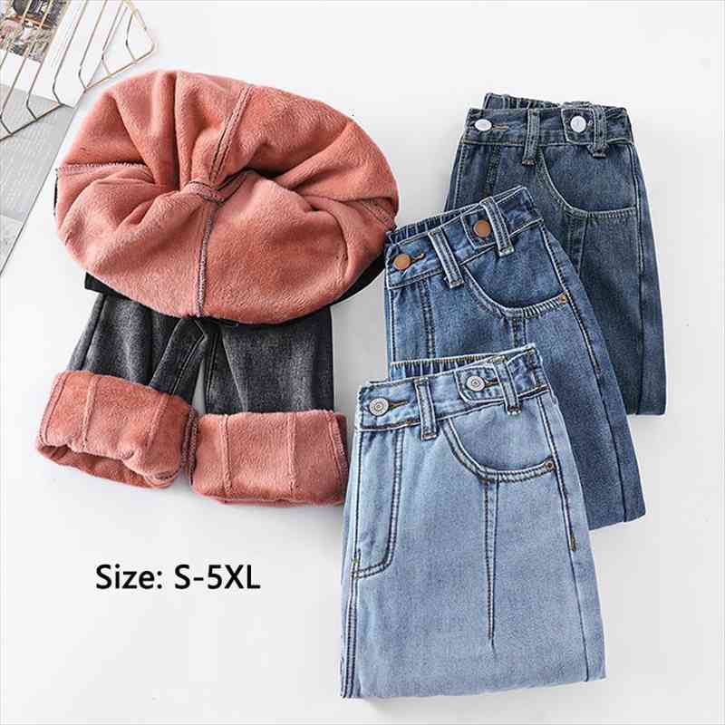 

winter thick velvet harem womens jeans fashion high waist wide leg warm pants jean vintage casual denim trousers 5xl, Blue