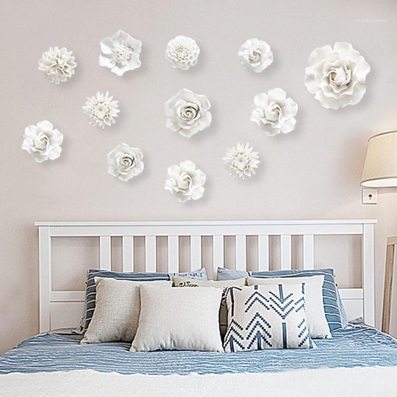 

Wall Stickers Modern 3D Ceramic White Flower Sticker Decoration Livingroom TV Background Hanging Crafts El Mural Accessories