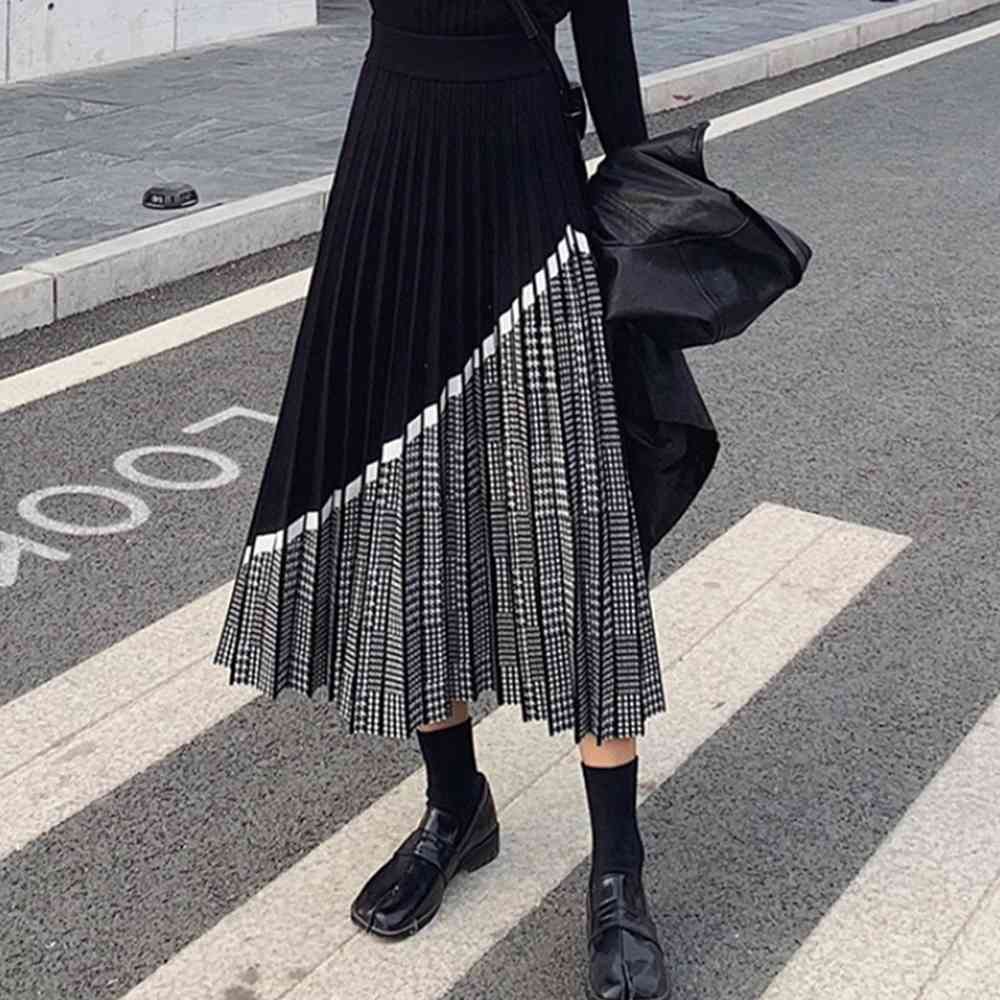 

High Quality Winter Street Color Block Bodycon Knit Skirt Waist Side Split Knee Length Pencil Skirts Women Knitwear 210525, Picture color