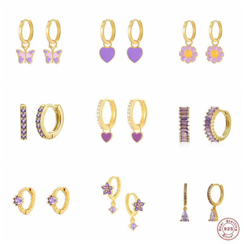 

Stud GS 925 Sterling Silver Elegant Purple Cubic Zirconia Series Earrings Crystal Flower Ear Jewelry For Women Girls Gift, Golden;silver