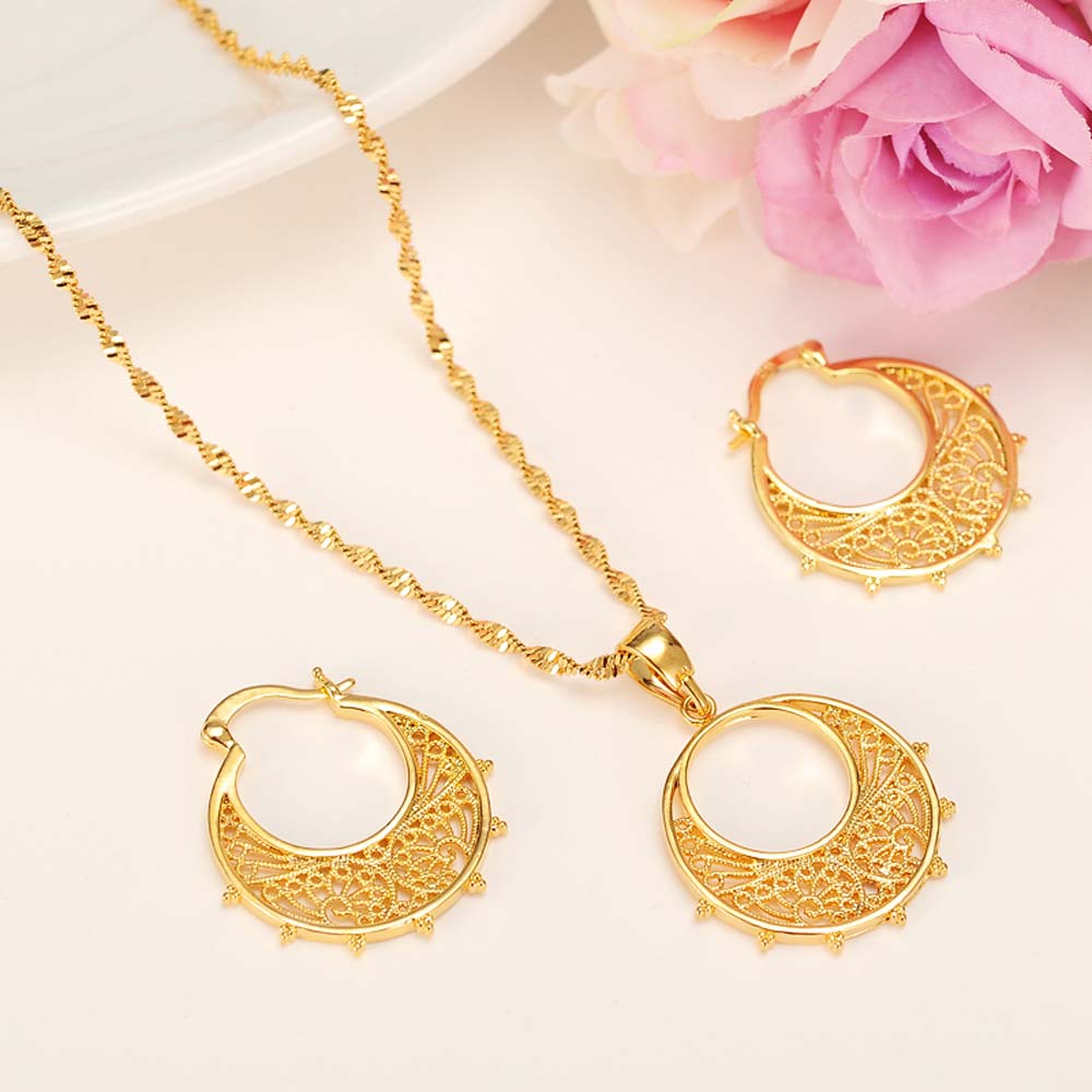 Ethiopian set Jewelry Necklace Earrings Kids 18 k Real Yellow Solid G/F Gold Eritrea Habesha for Girl Africa Sets-image-675714257