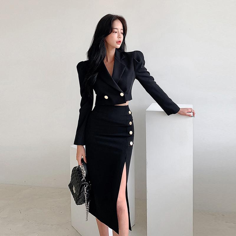 

Two Piece Dress Arrival Fashion Spring Black Set Women OL Professional Temperament Short Suit And Split Midi Pencil Skirt Solid Suits