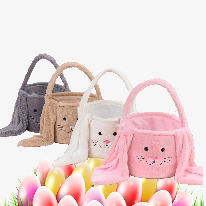 Seau à œufs de pâques, peluche pelucheuse, longues oreilles, panier de lapin drôle, visage de lapin, sac fourre-tout cadeau de bonbons, décoratio
