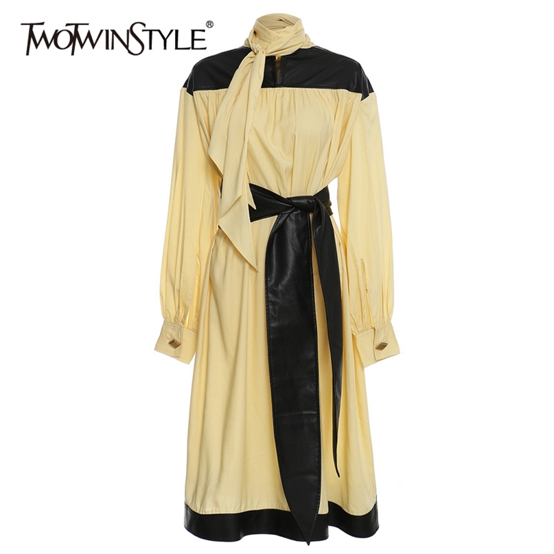 

Patchwork Tunic Dress For Women V Neck Long Sleeve High Waist Lace Up Elegant Maxi Dresses Female Clothing 210520, Yellow