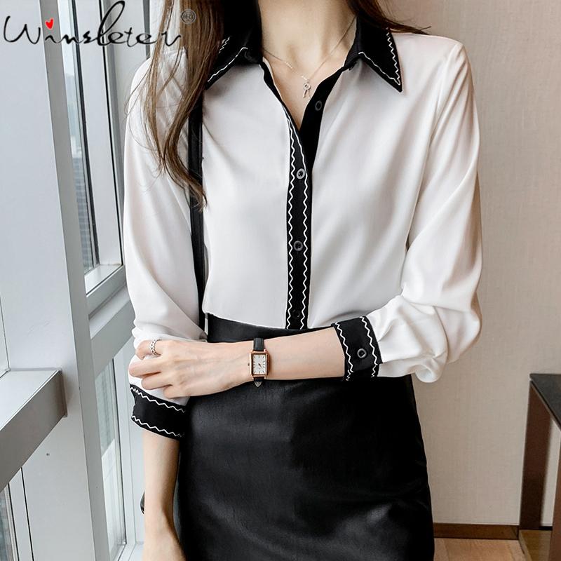 

Women' Blouses & Shirts Vintage Korean Spring Solid Patchwork Chiffon Blouse Turn-down Collar All-match Elegant Loose Office Tops Lady T164, White