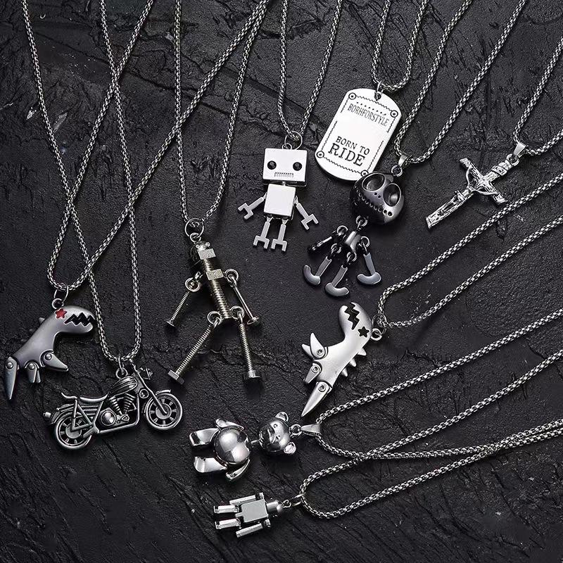 

Pendant Necklaces Hip Hop Cartoon Cute Bear Dinosaur Fobot Long Titanium Steel Necklace Event Men And Women, Silver
