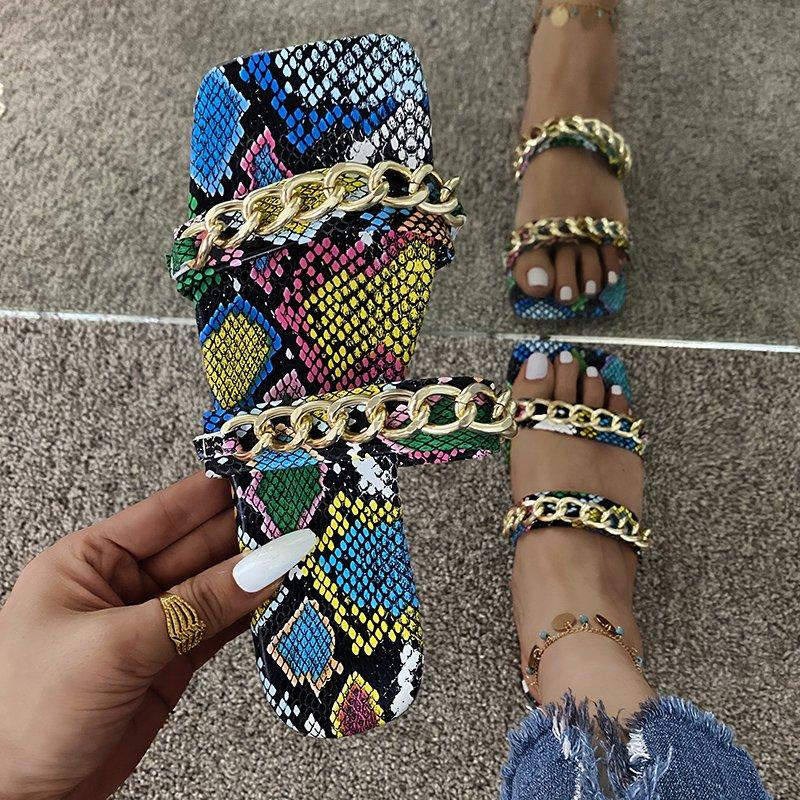 

Slippers Summer Slipper Women Metal Chain Design Fashion Shoes Open Toe Flat Leopard Outdoor Punk Slides Plus Size, Blue