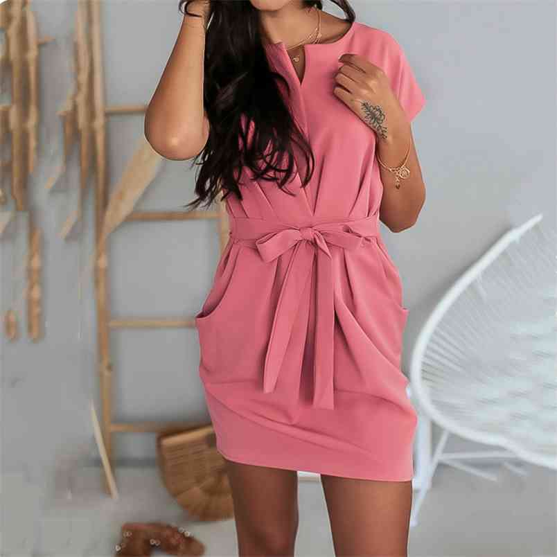 

Summer Dress Women Temperament Round Neck Strap Waist Slim Pleated Bow Chiffon es Female Solid Vestidos 210517, Black