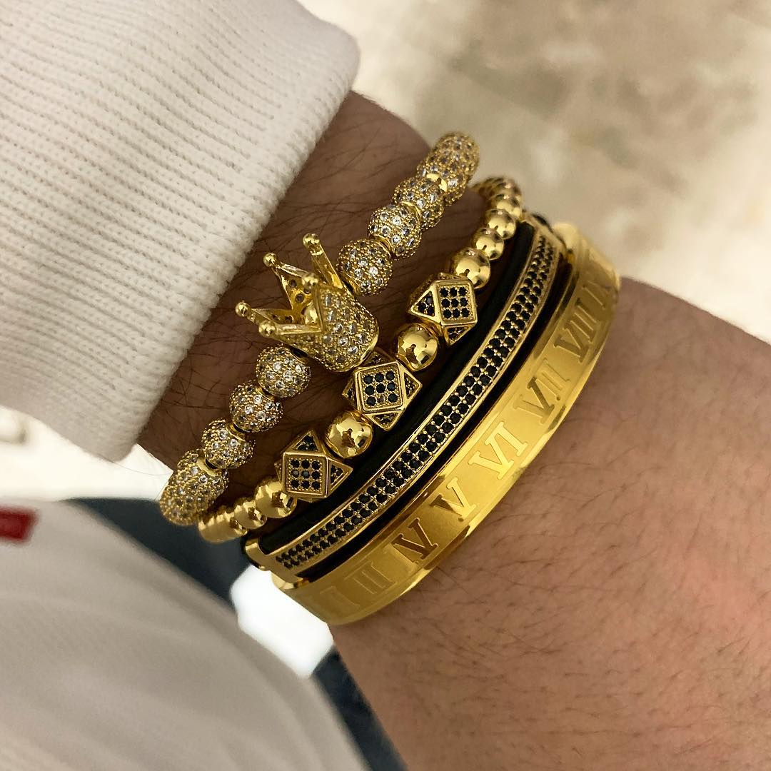 

4pcs/set+roman numeral titanium steel bracelet couple charm bracelet/crown/for lovers/bracelets for women men luxury jewelry tainless gift, Golden;silver