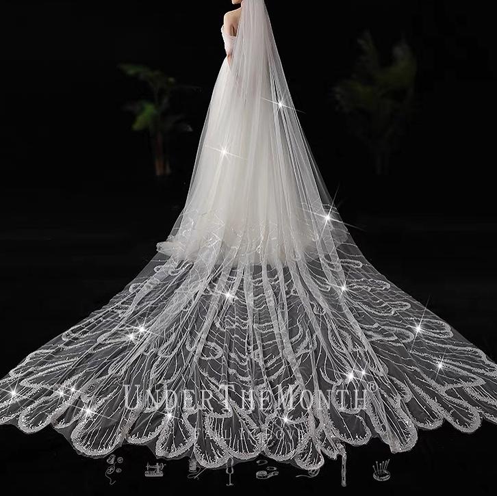 

Bridal Veils Real Pos Veil White Peacock Sequins Lace Appliques Sparkling With Face Comb Long Cathedral Wedding Headpiece, 3.5 meters
