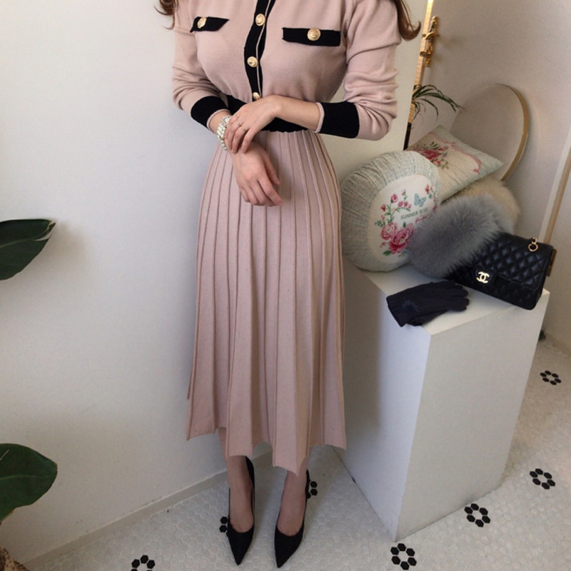 

20212021 autumn korean knitted women long pleated dress women long sleeve single-breasted a-line dresses elegant ladies vestidos, Black;gray