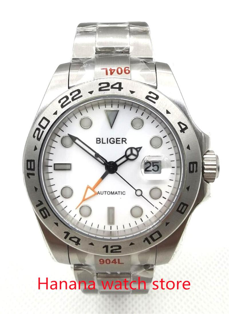 

Wristwatches 42.5mm White Dial GMT Function Men's Watch Sapphire Crystal Silver Bezel Automatic Date Stainless Steel Strap, Green with logo