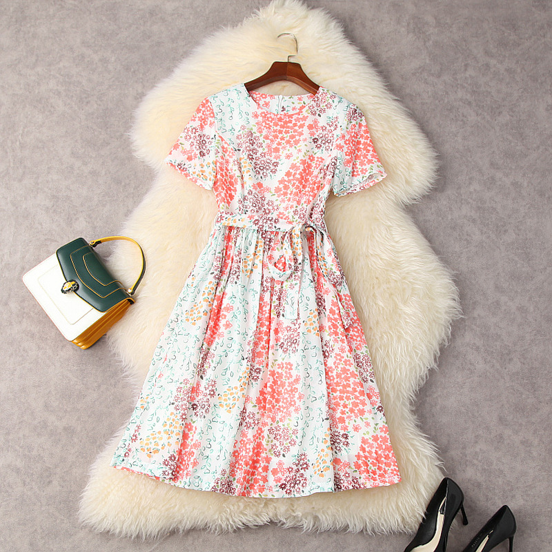 

2021 Summer Short Sleeve Round Neck Multicolor Floral Print Cotton Belted Mid-Calf Dress Elegant Casual Dresses 21L2412401, Multi