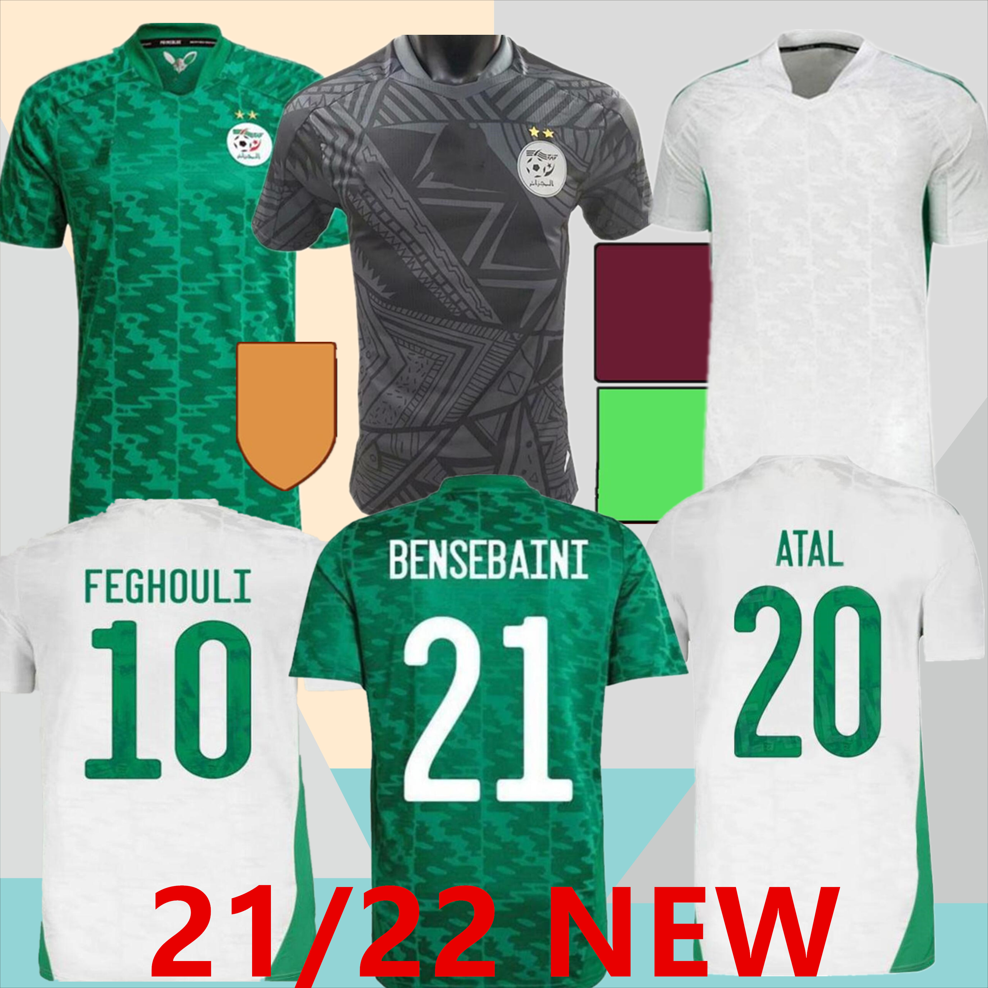 

Fans player version Algerie 21 22 home white away green Soccer Jerseys MAHREZ FEGHOULI BENNACER ATAL Algeria football kits shirt men + kids, Black;yellow