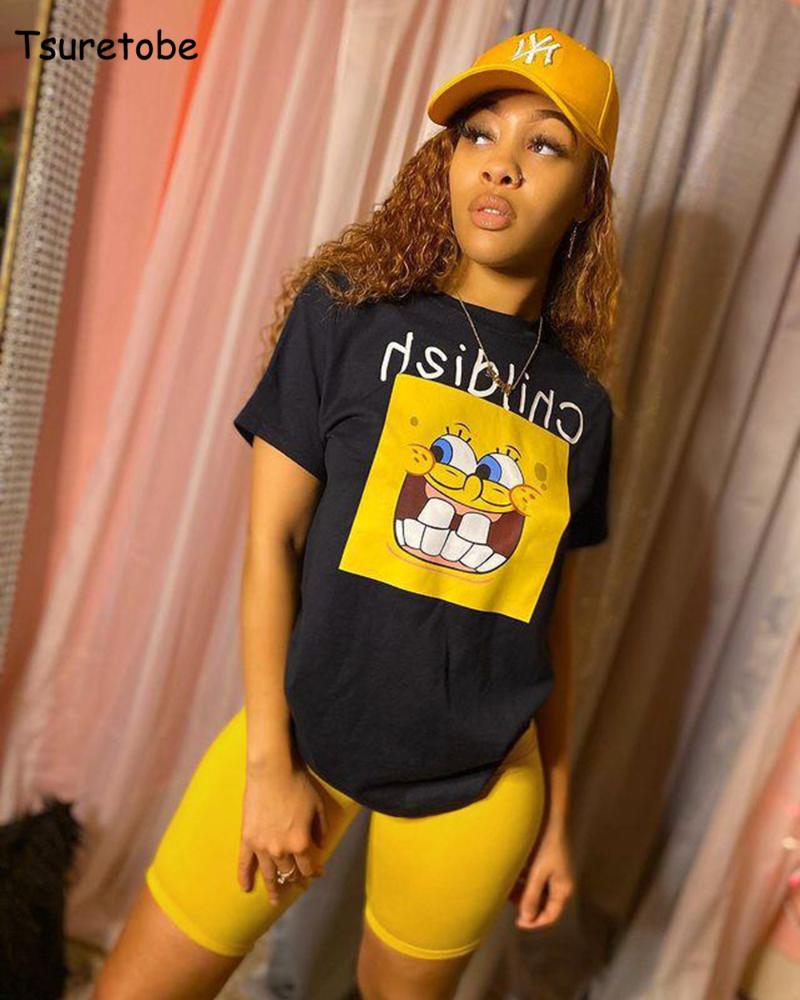 

Tsuretobe Summer Printing 2 Piece Sets Womens Outfits Slim T-Shirt Casual High Waist Biker Shorts Set Tracksuit Clothes Women's Tracksuits, Gray