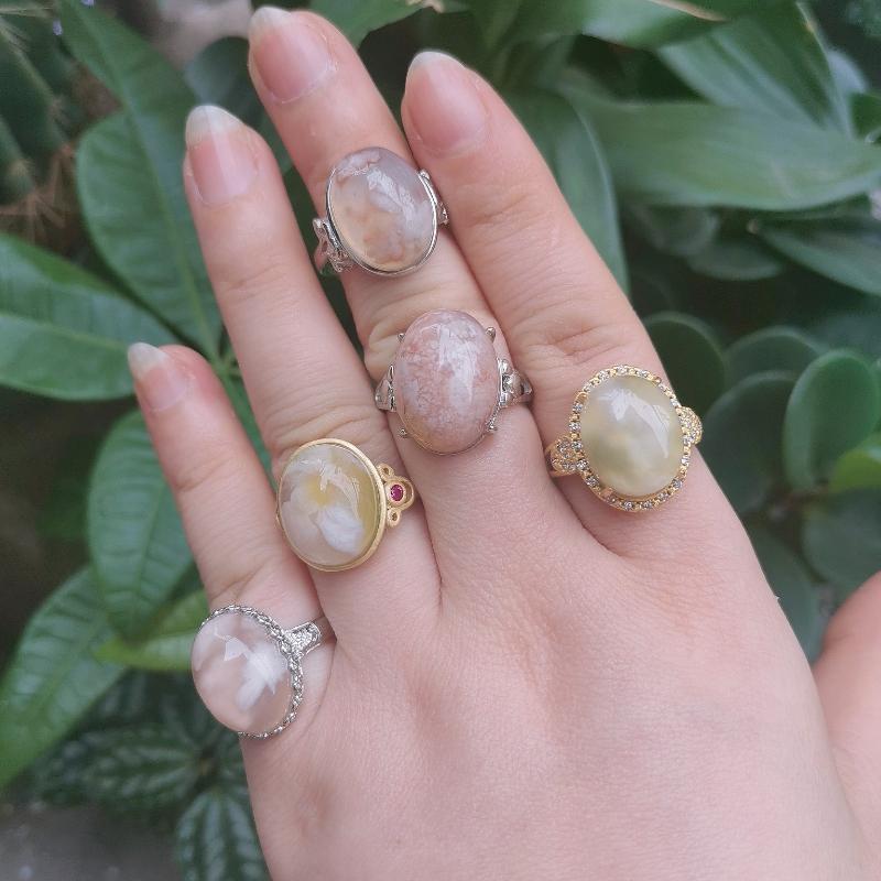 

Cluster Rings Natural Cherry Blossom Agate Ring Golden Silver Inlaid Size Adjustable 1Pcs Wholesale Sale Anillos Mujer Mother's Day Gift