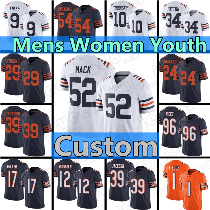 

1 Justin Fields Custom 52 Khalil Mack 85 Cole Kmet Football Jerseys 12 Allen Robinson II 34 Walter Payton ChicagoBears96 Akiem Hicks 58 Roquan Smith, Custom youth(xiongdui)