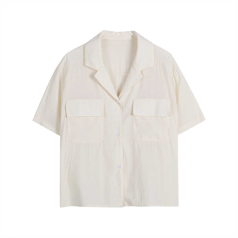 

Elegant All-match Shirts Women Spring Summer Casual Short Sleeve Blouses Fashion Double Pockets Design Female Tops 210525, White