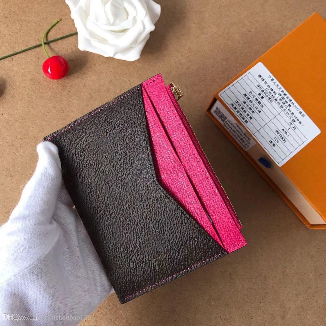

High quality New Fashion Classic Purse women Wallets Card holder Womens Stripes Textured Wallet Short Small Purses With dust bag and box, Rose brown flower