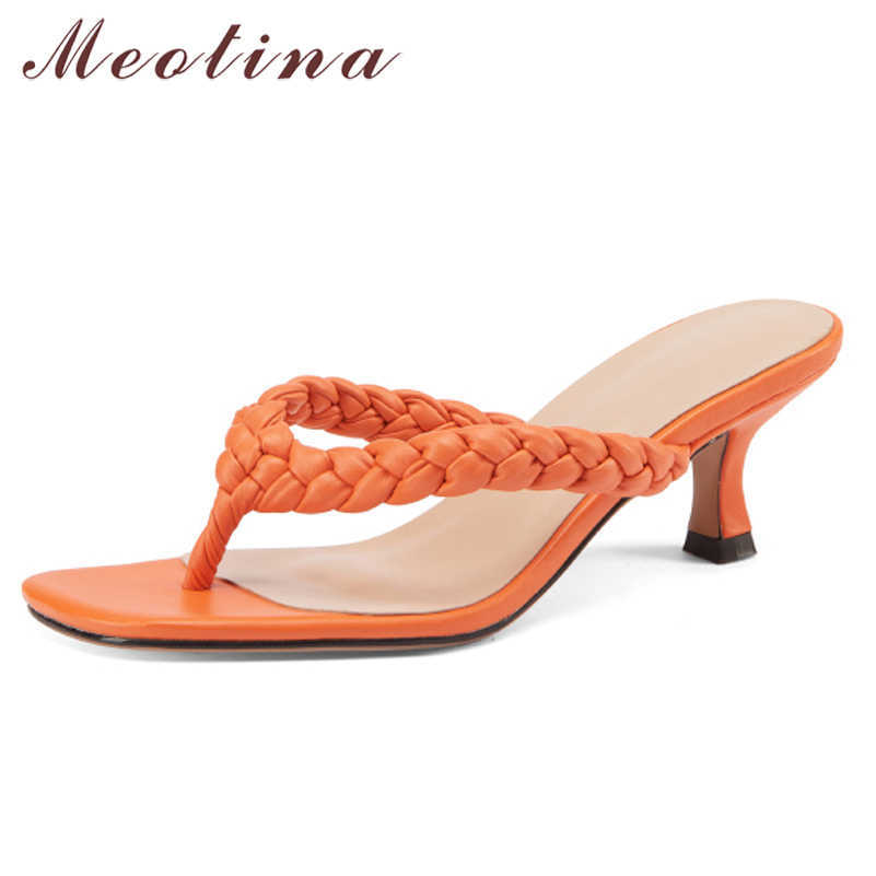 

Meotina Women Slippers Shoes Flip Flop Sandals High Heel Slides Square Toe Ladies Footwear Summer Orange Brown Beige 210608
