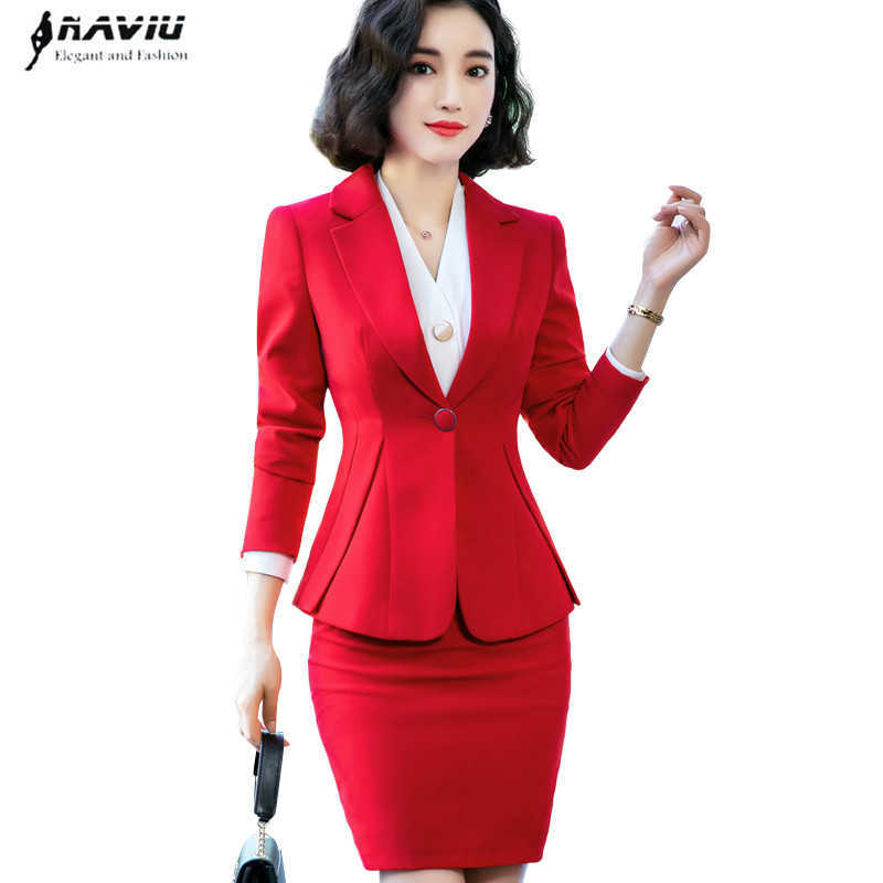 

Professional Women Office Suit Autumn Winter Formal Interview Long Sleeve Blazer and Skirt Fashion Work Wear 210604, Red coat and skirt