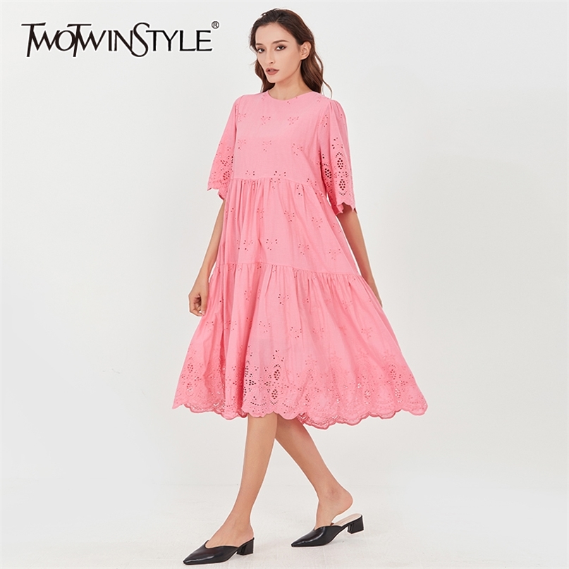 

Oversized Dress For Women O Neck Half Sleeve Patchwork Ruffles Hollow Out Vintage Dresses Female Clothing 210520, White