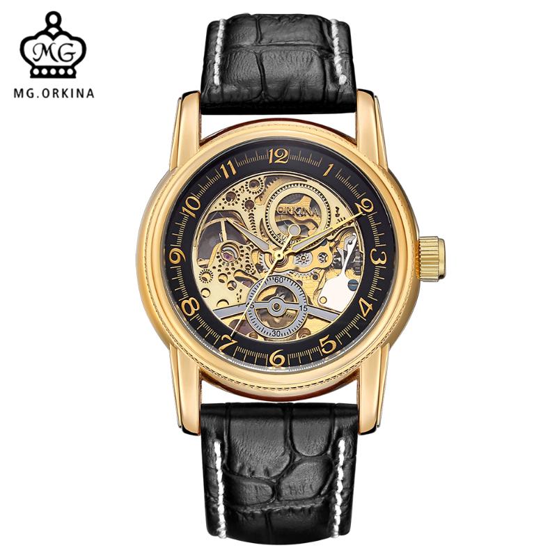 

MG. ORKINA Relogio Masculino Unique Mens Gifts Montre Automatique Homme Black Strap Mechanical Luminous Dial Rose Gold Watch Wristwatches, Slivery;brown