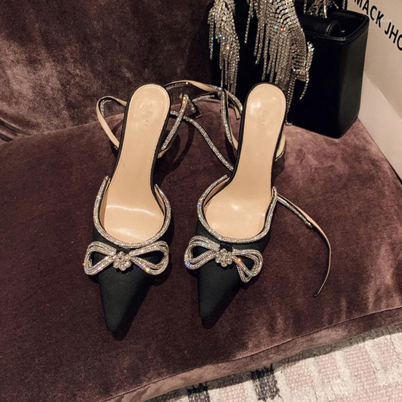 

Summer Style Fashion Women Shoes Black Satin Bow Crystal Ankle Strappy Pointy Toe Stiletto Stripper High Heels Pumps Dress, Black 7cm