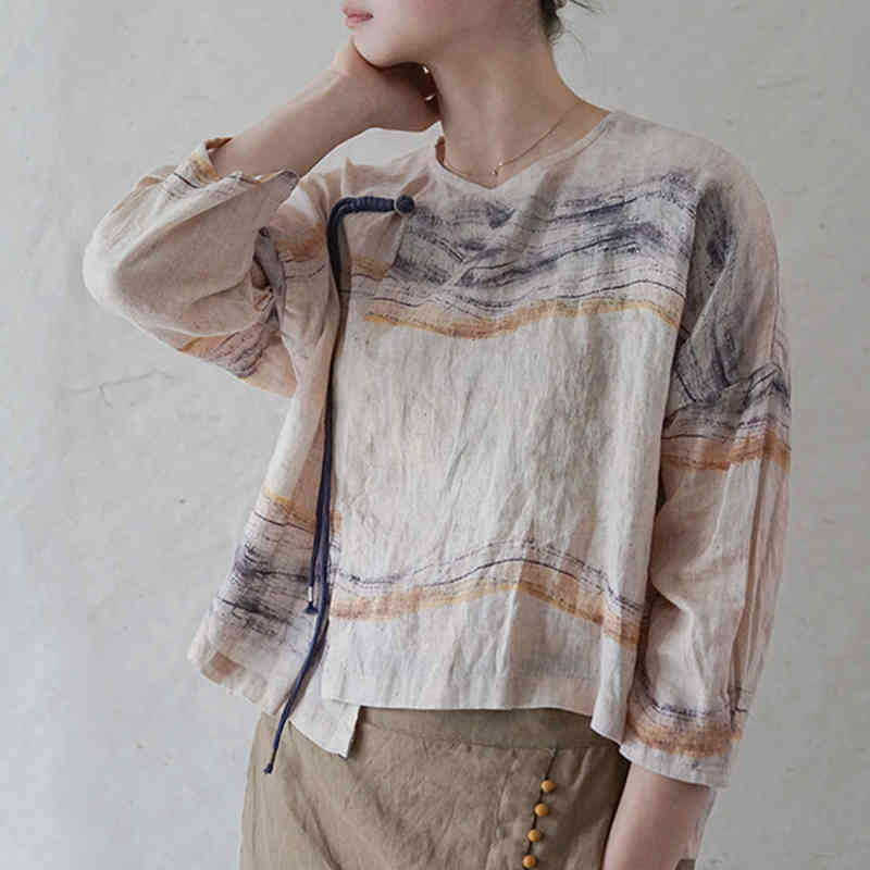 

Johnature Women Linen Vintage T-Shirts O-Neck Summer Ink Painting Chinese Style Female Tops Casual Loose Irregular Tees 210521