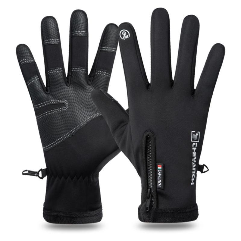 

Sports Gloves Cycling Guantes Winter Zipper Touch Screen Windproof Waterproof Plus Velvet Hiking And Skiing For Men Women, Black