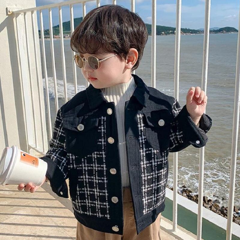 

Jackets Autumn 1-7Y Children's Clothes Fashion Cotton Plaid Thickened Lapel Jacket For Boys Baby Kids Outerwear Wool Coat Overcoat, Blue;gray