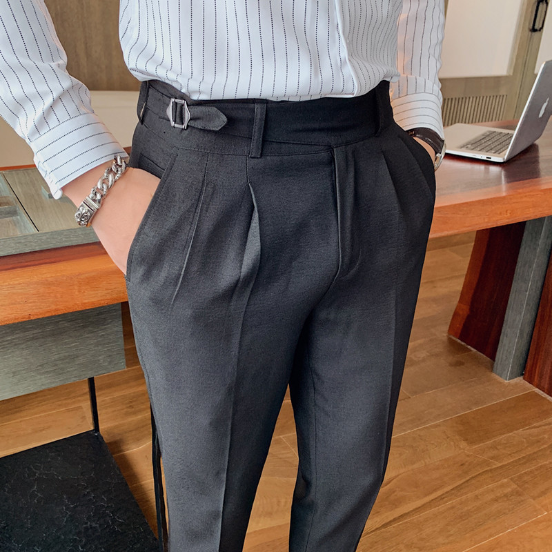 

Fashion Men Business Dress Pants Solid Color Office Social Wedding Streetwear Casual Suit Pants Slim Fit Trousers Costume Homme 210426, Black