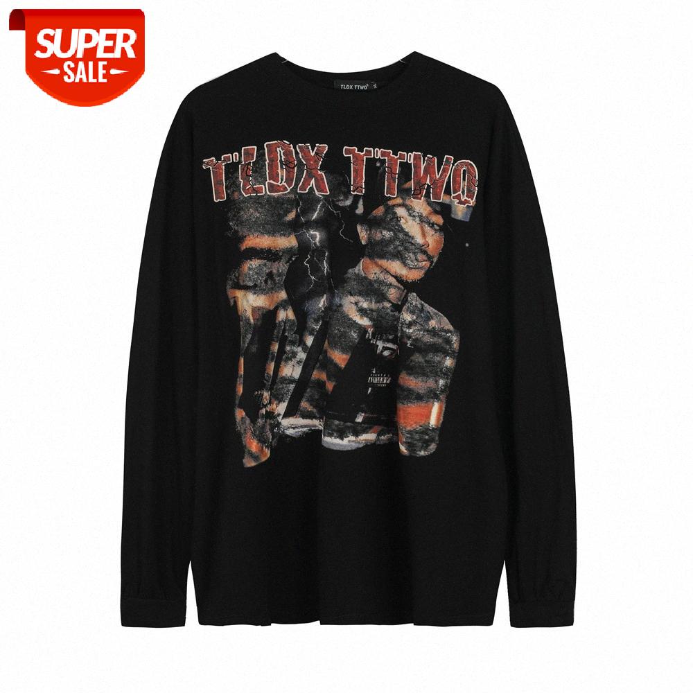 

Dark character print long-sleeved t-shirt men's American loose round neck pullover bottoming shirt top #5p3k, White;black